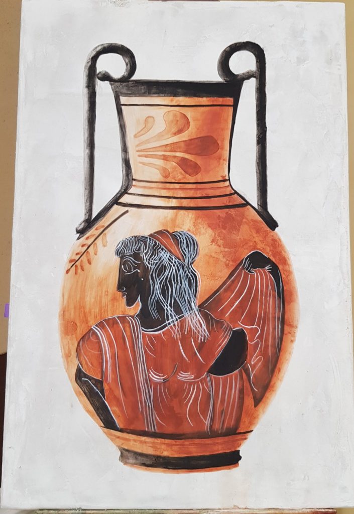 Trompe l'oeil vase etrusque, technique de fresque à la chaux, fait par Céline Gravier, ô peintre enchanteur
