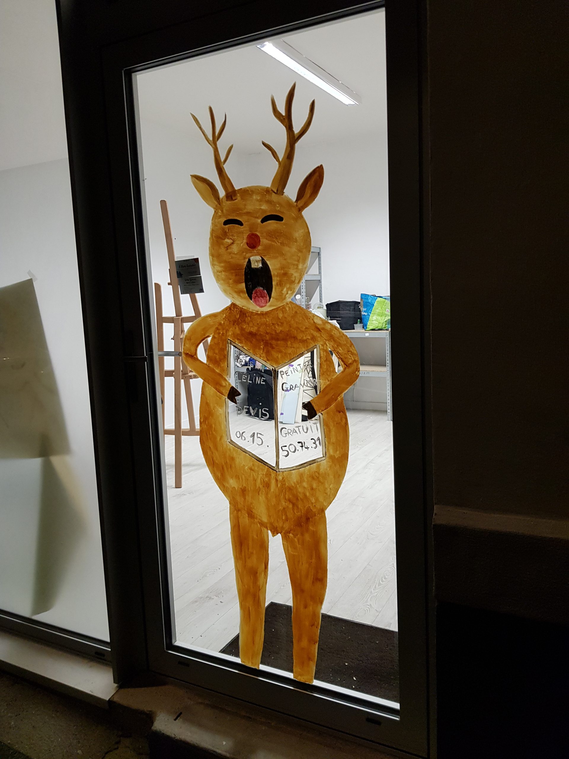 peinture sur vitre, décor d'hiver, cerf qui chante, o peintre enchanteur